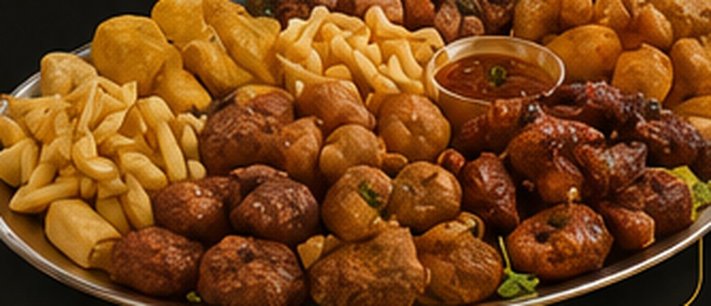 Adel's Special Platter — Fried Yam (Large Portion), Fried Plantain (Large Portion), French Fries (Large Portion), 10 Sausage Cornroll, 50 Puff Puff, 10 Spicy Chicken, 10 Peppered Turkey, 10 Peppered Snail