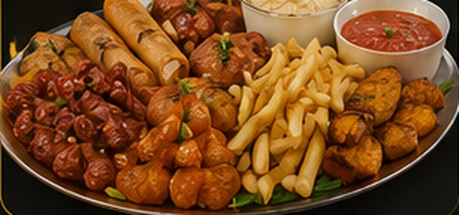 Luxury Platter — Fried Yam, Fried Plantain, French Fries, 10 Sticks of Sausage, 10 Chicken Cutout, 10 Spicy Turkey Cutout, 10 Medium Spicy Snail, 10 Spicy Chicken Cutout